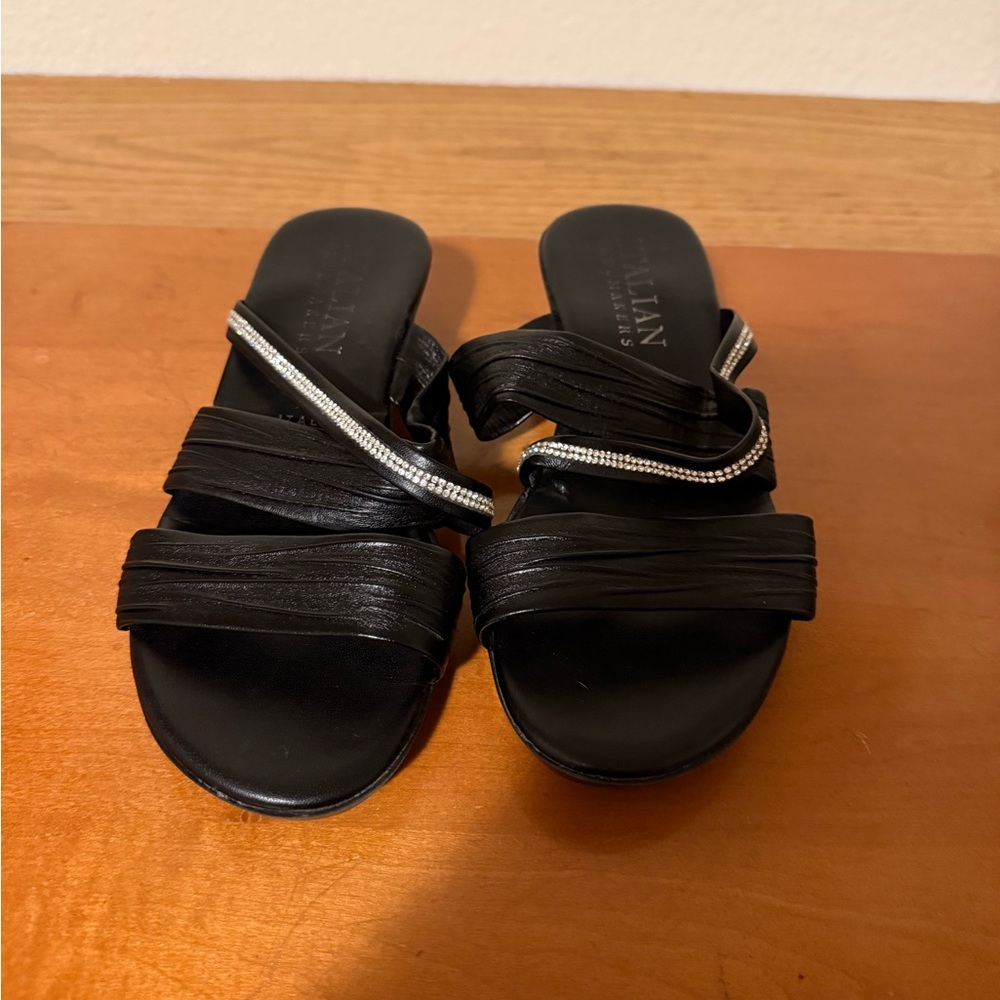 Italian Shoemakers Black Wedge Hollis Sandals with Rhinestone Detail